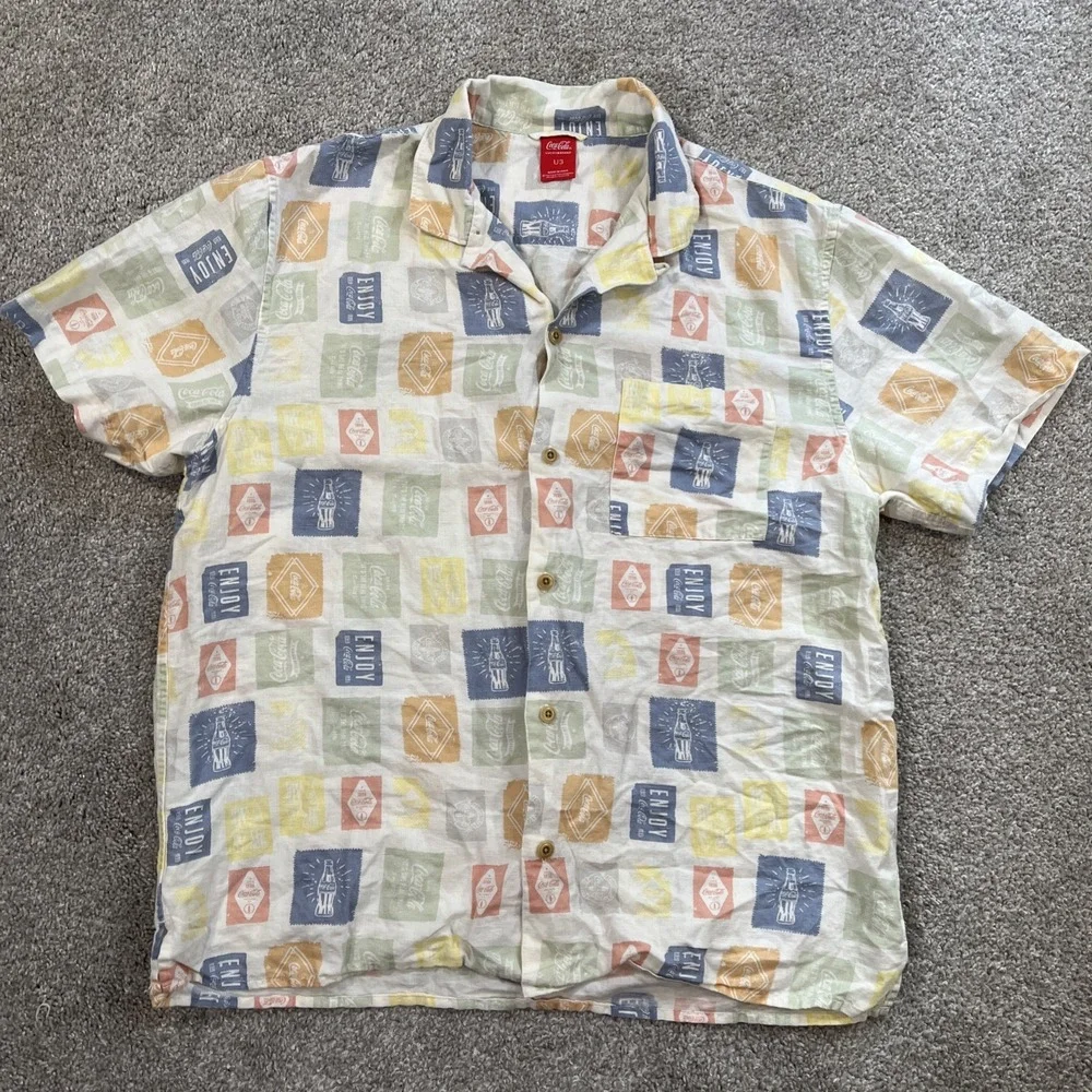 Lucky Brand Coca-Cola Shirt L Linen Button Front Short Sleeve Logo Print Allover - Picture 1 of 9